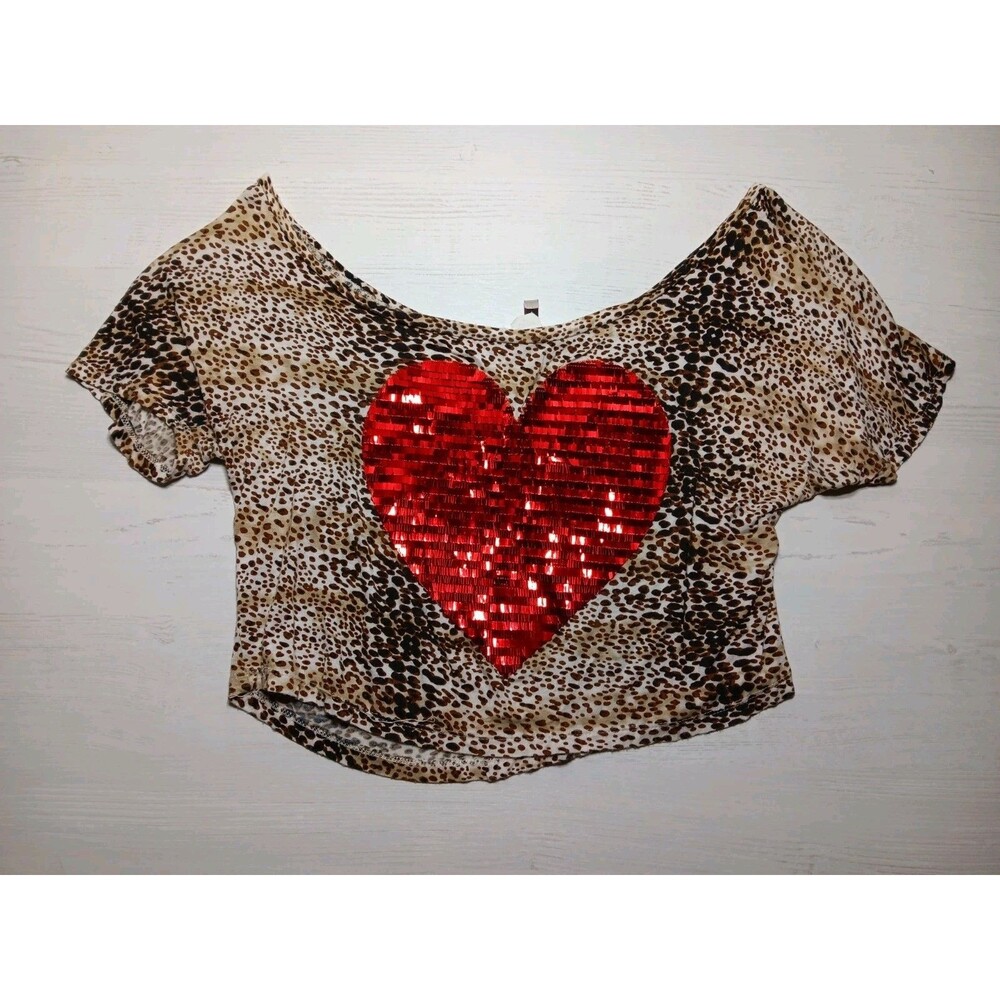 Voice Medium Women's Crop Top Blouse Chettah Print Sequined Heart Made In USA